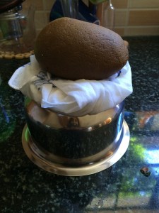 On top of a vessel place the paneer in the muslin cloth and place a weight on top to allow the paneer to set.