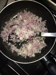 Now add the onion and saute until it is translucent. Switch off the flame and allow it to cool.