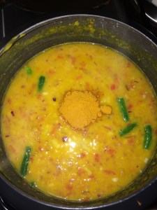 Add sambar powder to taste. Pressure cook everything for just one whistle.