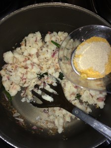 Now add the cumin and pepper powder, mix well and make sure the powders get mixed well. 