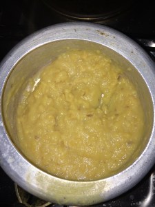 Cook the toor dal by adding enough water for three to four whistles. 