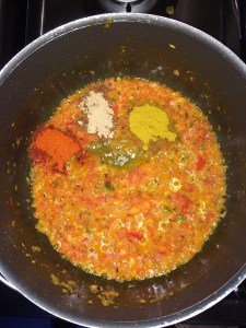 Now add all the masalas - Red chili pdr., Coriander pdr., Amchur pdr.