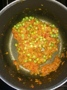 After sauteeing few mins add the matar/peas and cook for sometime.