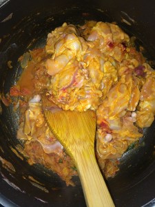 After few mins add the chicken pieces and saute well.