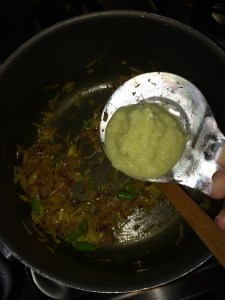 After the onions get cooked add the ginger garlic paste. Cook till the raw smell goes.