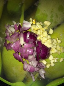 Rough chop the onion and garlic.