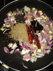 Add the dry red chilies, cumin seeds and pepper. Mix everything and saute for few mins.