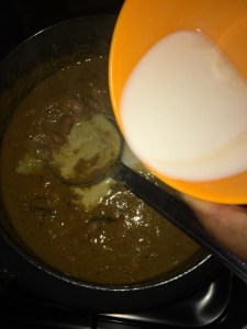 Finally add the coconut milk and switch the stove off.