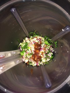 Transfer the contents into the blender and make it a semi course or smooth paste by adding little water along with tamarind juice and salt.