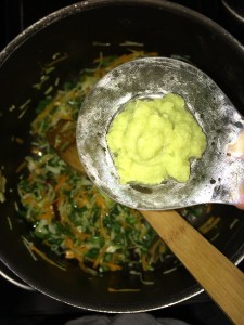 Now add the ginger garlic paste and saute till the raw smell goes.