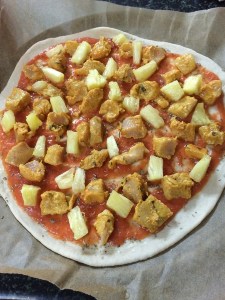 Add the pineapple chunks in between the chicken cubes.