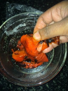 Now remove the skin from the capsicum.