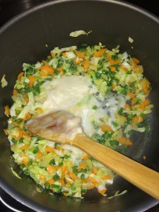 Now add the pureed onion and garlic. Cook until the raw smell goes.