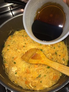 Add the sweet soy sauce at this stage. Mix everything well and cook for a minute until everyting blends together. Taste it now the salt, spice and sweetness of the vermicelli should be balanced. 