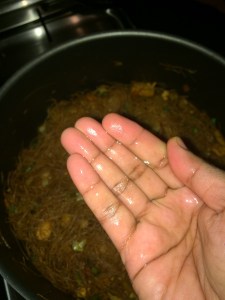 Sprinkle some water and cover and cook the Mee Hoon/Rice Vermicelli until it becomes soft.