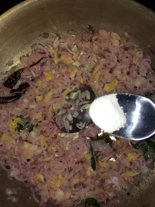 Add salt and saute the onions until translucent.